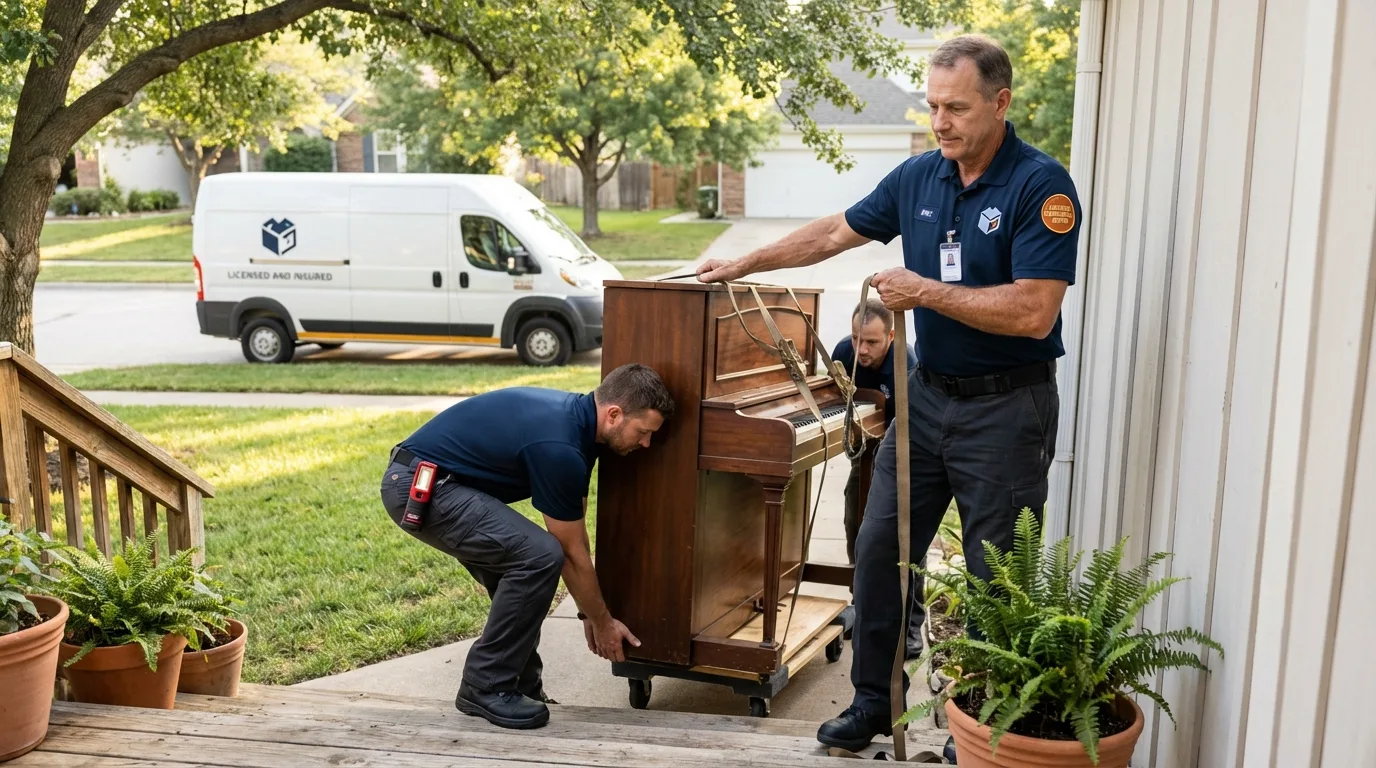 Licensed piano movers securing grand piano in Bucyrus, OH