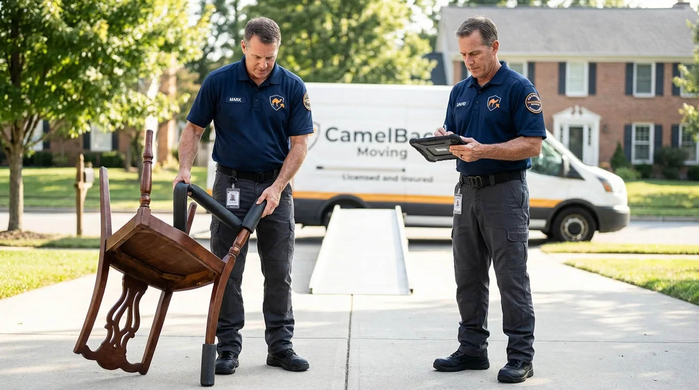Movers inspecting furniture for damage prevention before loading in Bucyrus, OH