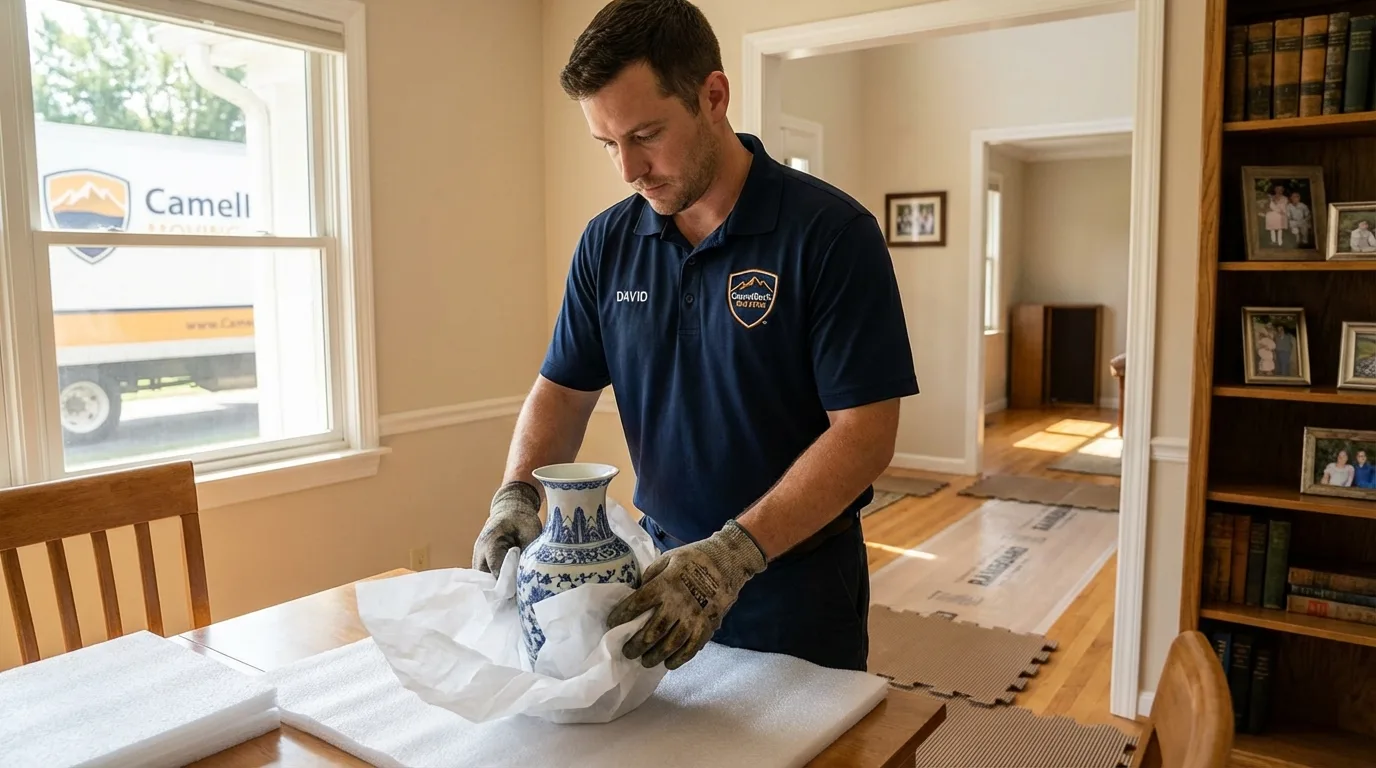 Professional crew carefully wrapping antique vase for senior downsizing move in Bucyrus, OH